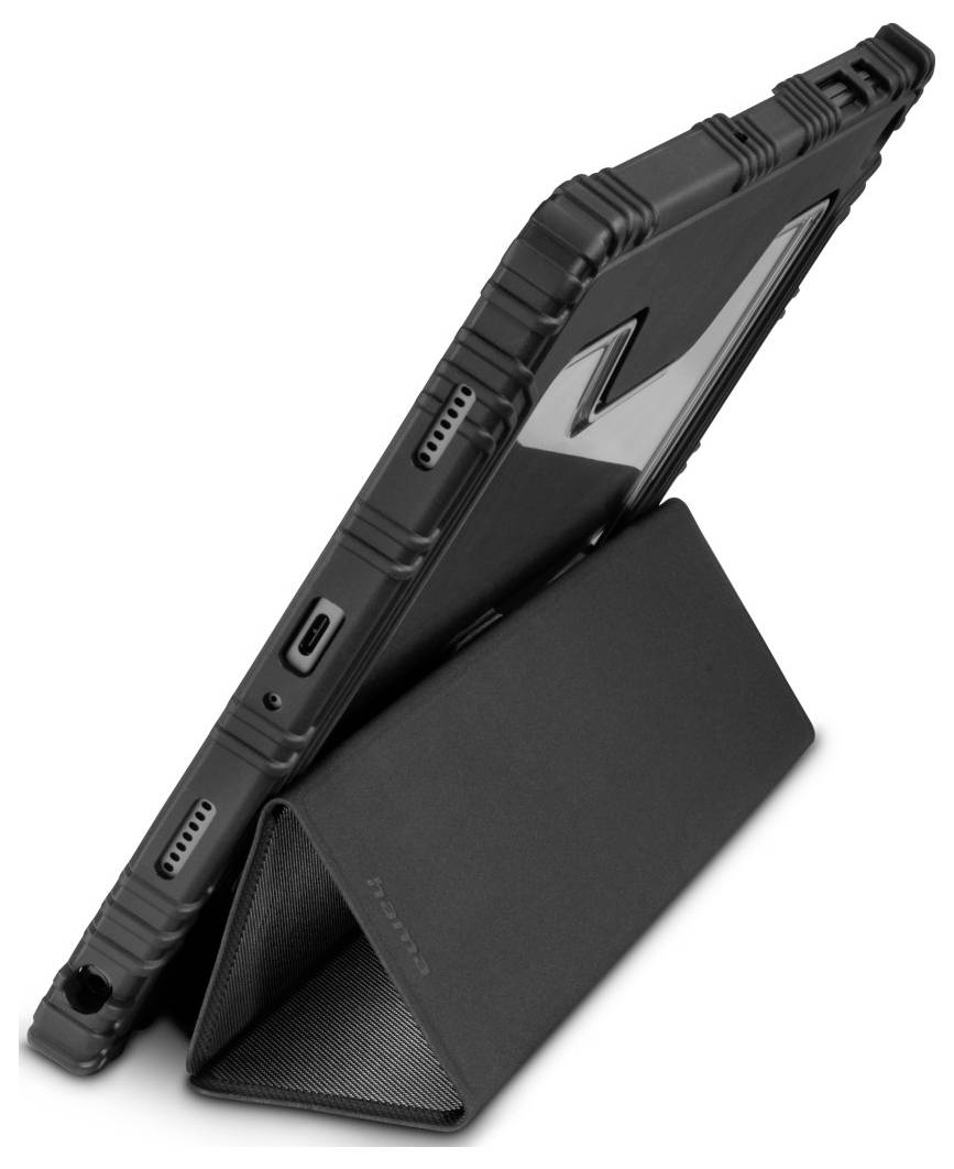 Ein Tablet in einem robusten Schutzetui ist mit einem Folio-Ständer aufgestellt und zeigt von hinten betrachtet Anschlüsse und Tasten auf der Seite.