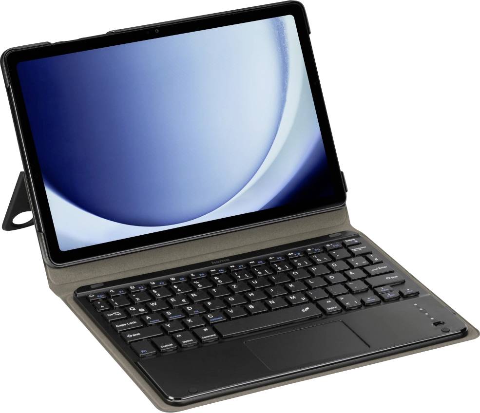 Ein Tablet mit Tastaturcase, das einen minimalistischen Gradientenbild-Bildschirm anzeigt und andeutet, dass es sich im Standby-Modus befindet. Geeignet für Arbeit oder Studium.