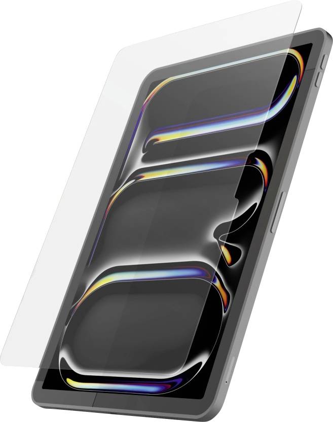 Ein Tablet mit einer halbtransparenten Displayschutzfolie, die teilweise seine Oberfläche bedeckt, auf dem Bildschirm ein buntes abstraktes Muster angezeigt wird.