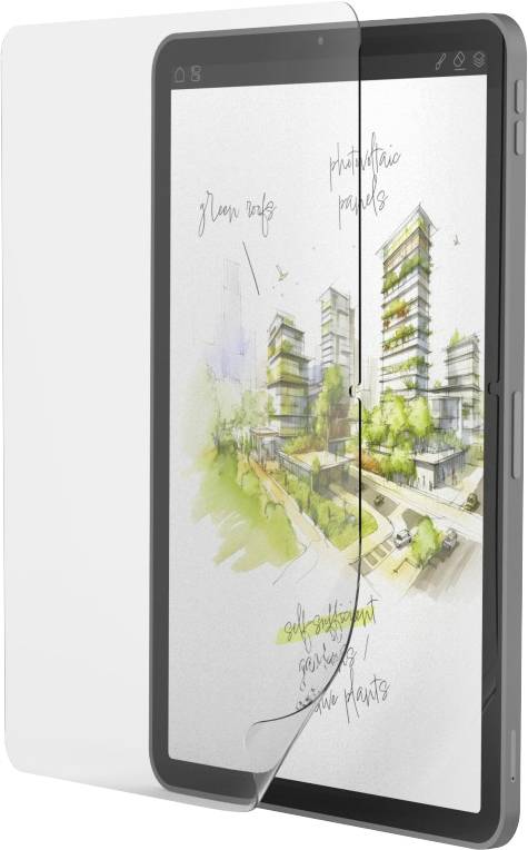 Ein Tablet mit einer Skizze moderner Gebäude und Grünflächen, die architektonische Konzepte mit den Bezeichnungen 