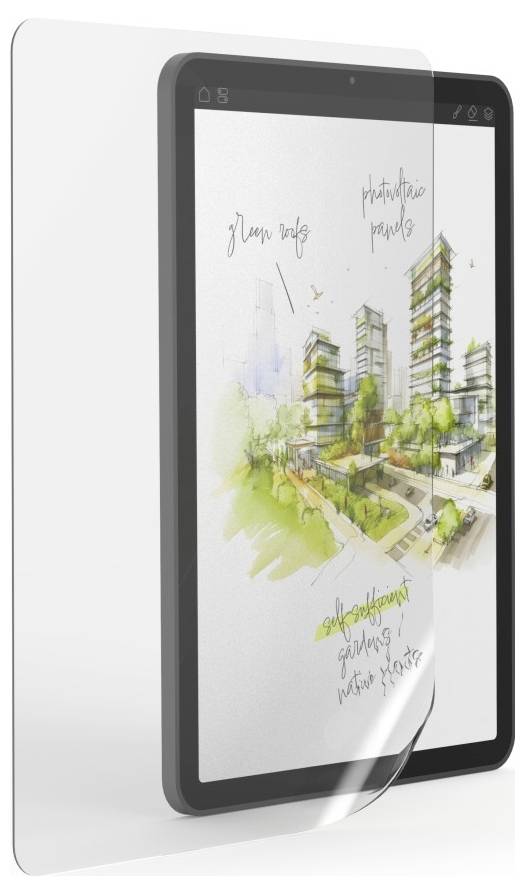 Ein Tablet mit einer Displayschutzfolie zeigt eine farbenfrohe urbane Skizze. Hohe Gebäude, Grünflächen und handschriftliche Notizen „grüne Stadt