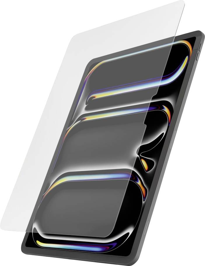 Ein Tablet mit einem bunten, reflektierenden Design auf dem Bildschirm, teilweise bedeckt durch eine transparente, abgewinkelte Displayschutzfolie.