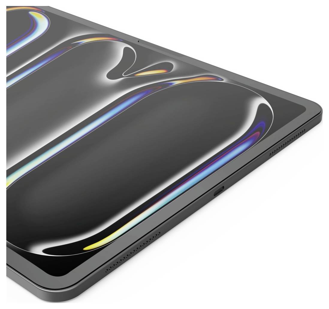 Ein elegantes, modernes Tablet mit reflektierendem Bildschirm, das Lichtreflexionen zeigt, aus einem schrägen Winkel betrachtet.