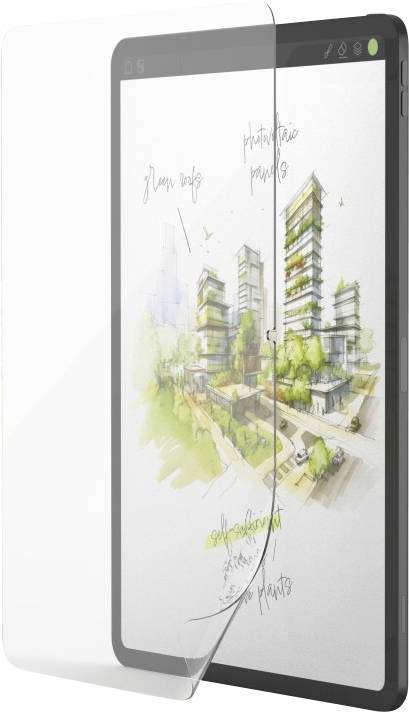 Ein transparenter Displayschutz wird teilweise über einem Tablet angezeigt, das eine digitale Skizze eines modernen architektonischen Designs zeigt.