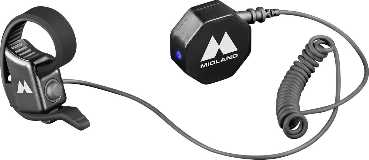 Ein schwarzes Midland-Freisprech-Bluetooth-Gerät mit Spiralkabel und Steuertaste, das für freisprächige Kommunikation verwendet wird.