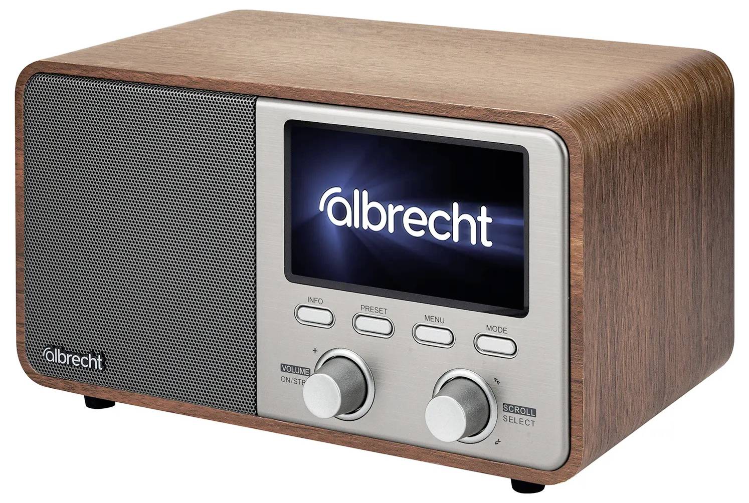 Ein Holzradio im Vintage-Stil mit LED-Display, das „albrecht