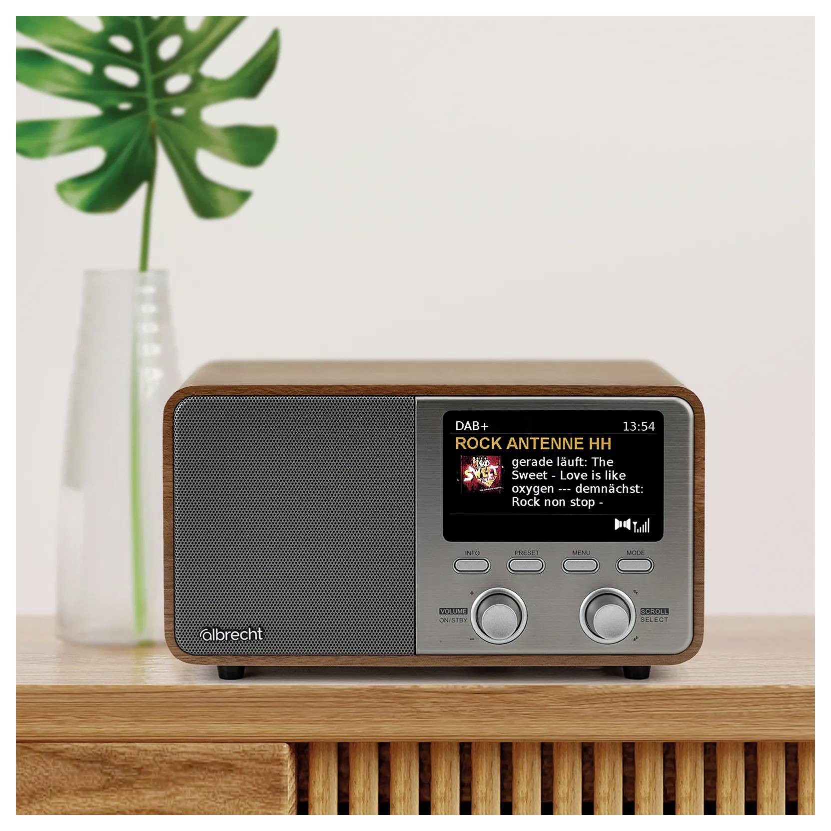 Ein digitales Holzradio mit Tischplatte, auf dessen Display der Sender „ROCK ANTENNE