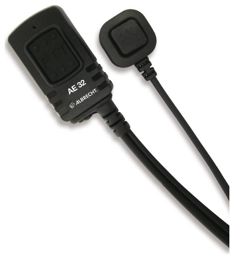 Schwarzes verdrahtetes Push-to-Talk-Kommunikationszubehör mit der Bezeichnung „AE 32