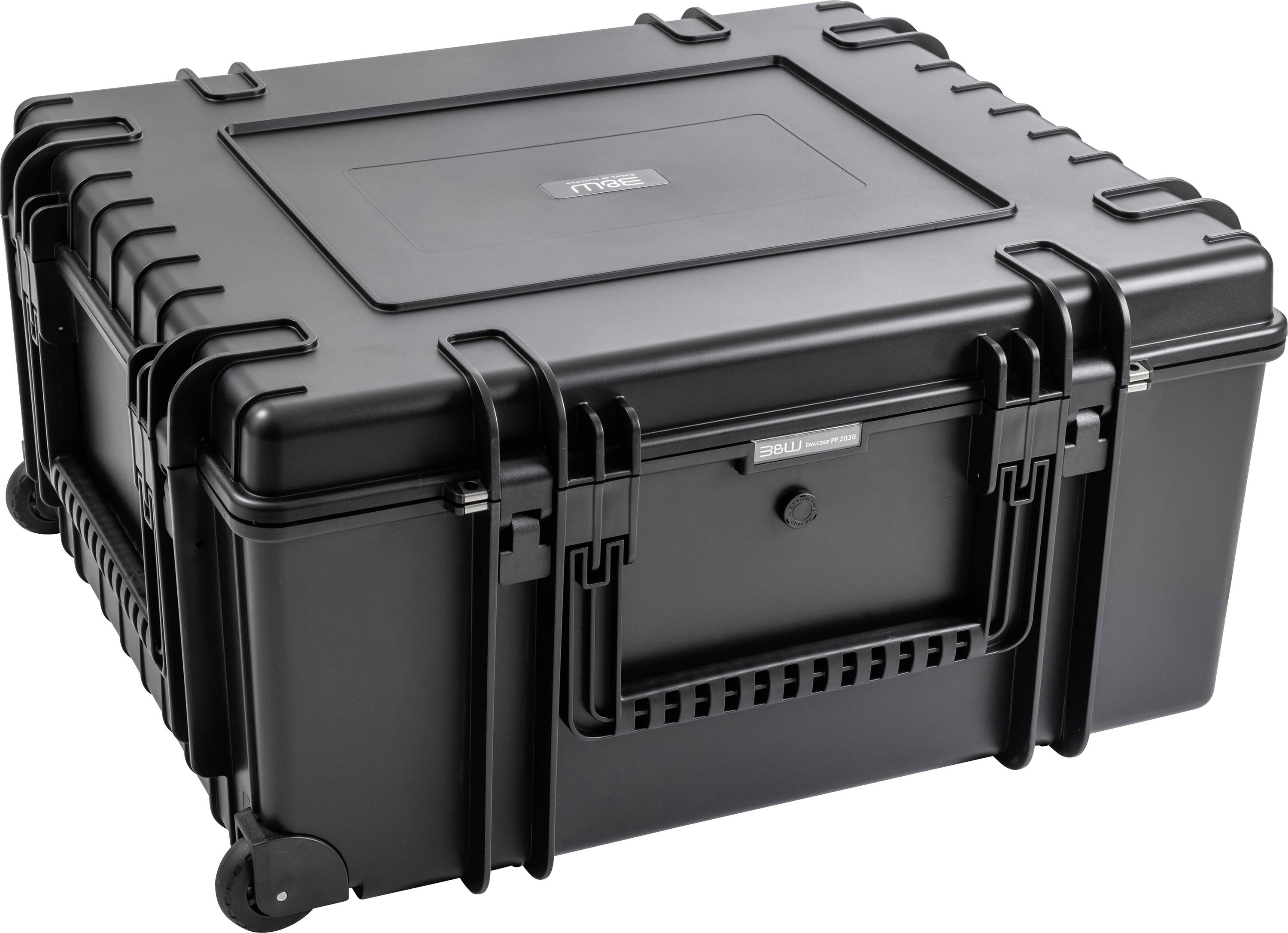Ein langlebiges, schwarzes Schutzgehäuse mit sicheren Verschlüssen und einem Griff, geeignet für die sichere Lagerung und den Transport empfindlicher Geräte.