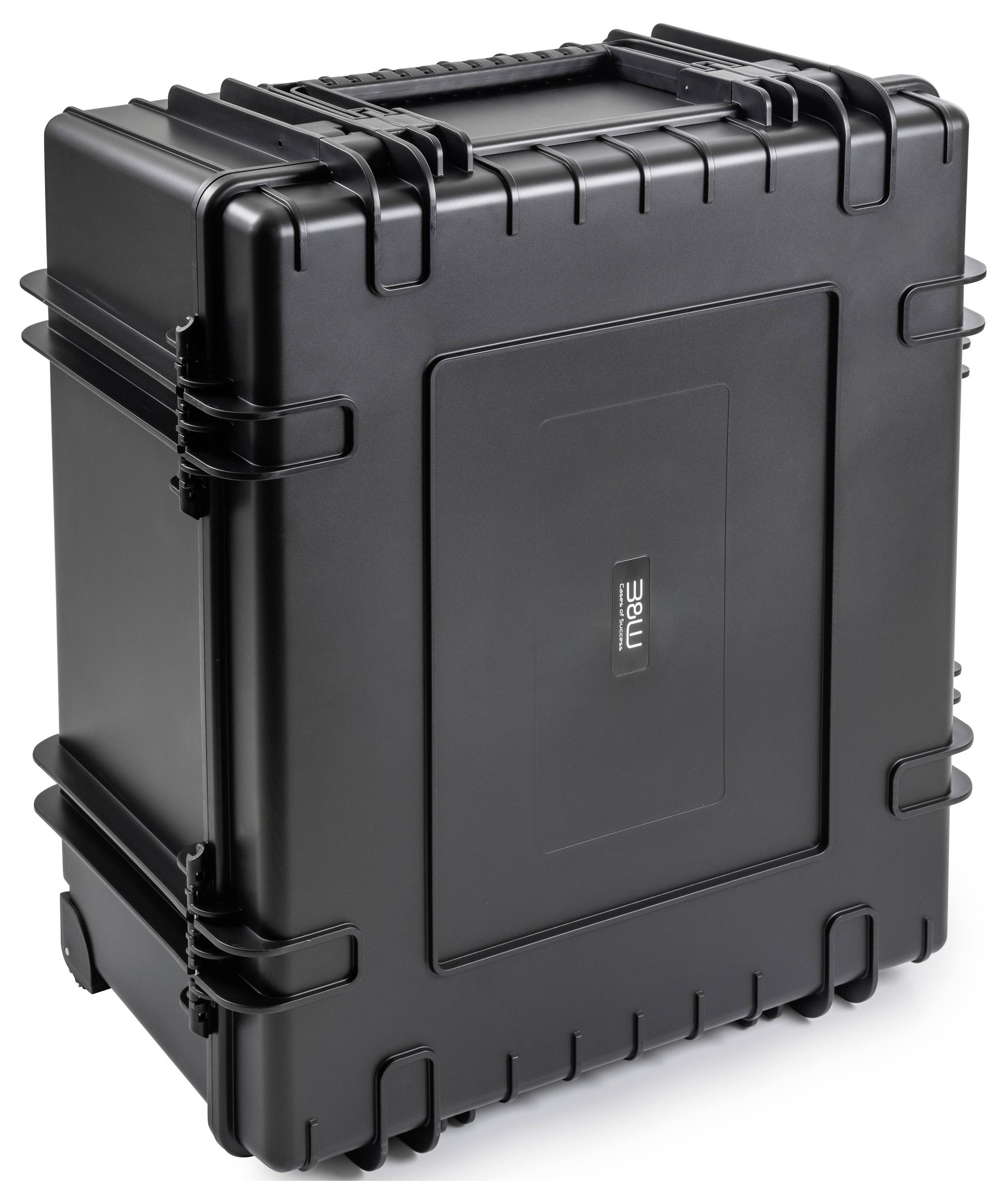 Ein großer, schwarzer, robuster Ausrüstungskoffer mit sicheren Verschlüssen und einem Griff, der zum sicheren Transport von empfindlichen oder wertvollen Gegenständen konzipiert ist.