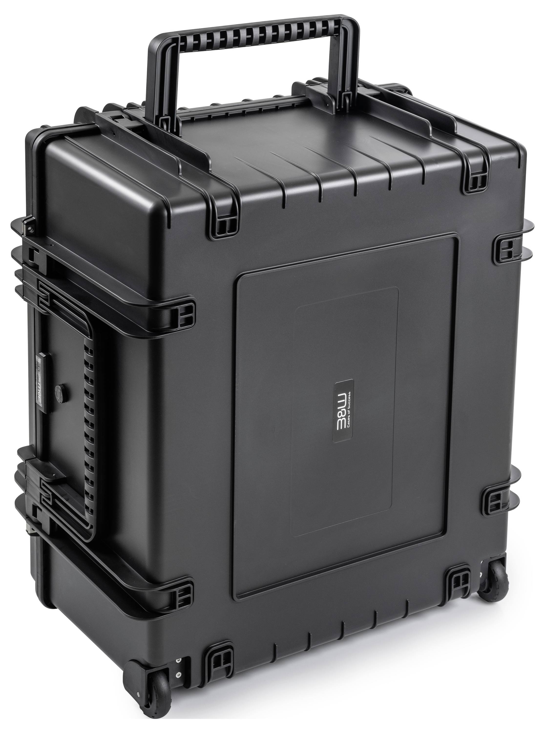 Ein schwarzes, langlebiges Schutzgehäuse mit Rädern und Griff, entworfen zum sicheren Transport von Ausrüstung.