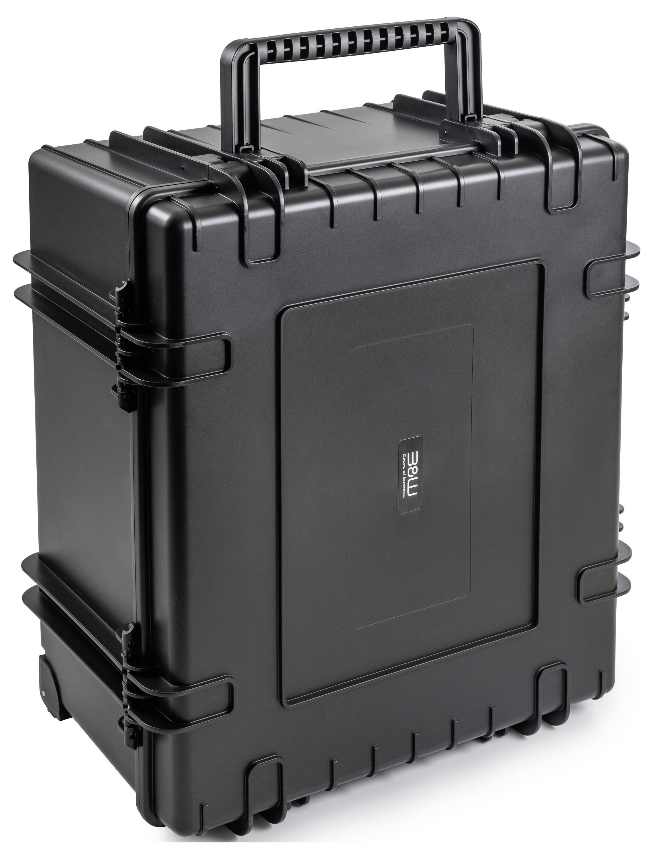 Ein robustes schwarzes Schutzgehäuse mit Griff, entworfen für sichere Lagerung und Transport.