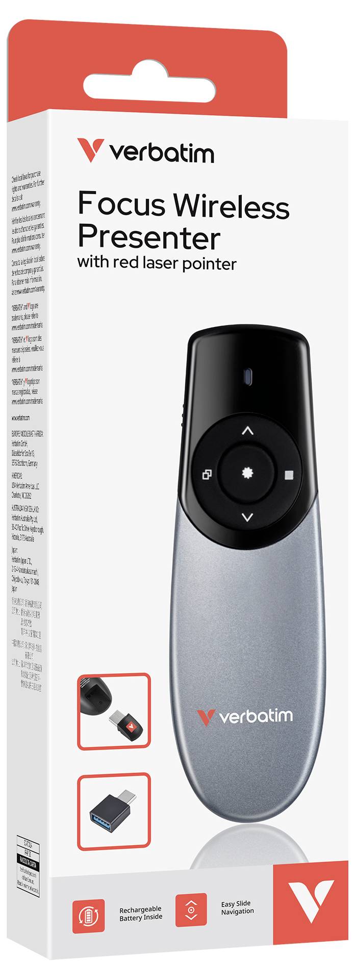 Produktverpackung für Verbatim Focus Wireless Presenter mit rotem Laserpointer, die die Fernbedienung, den USB-Empfänger und Symbole für wiederaufladbare Batterie zeigt.