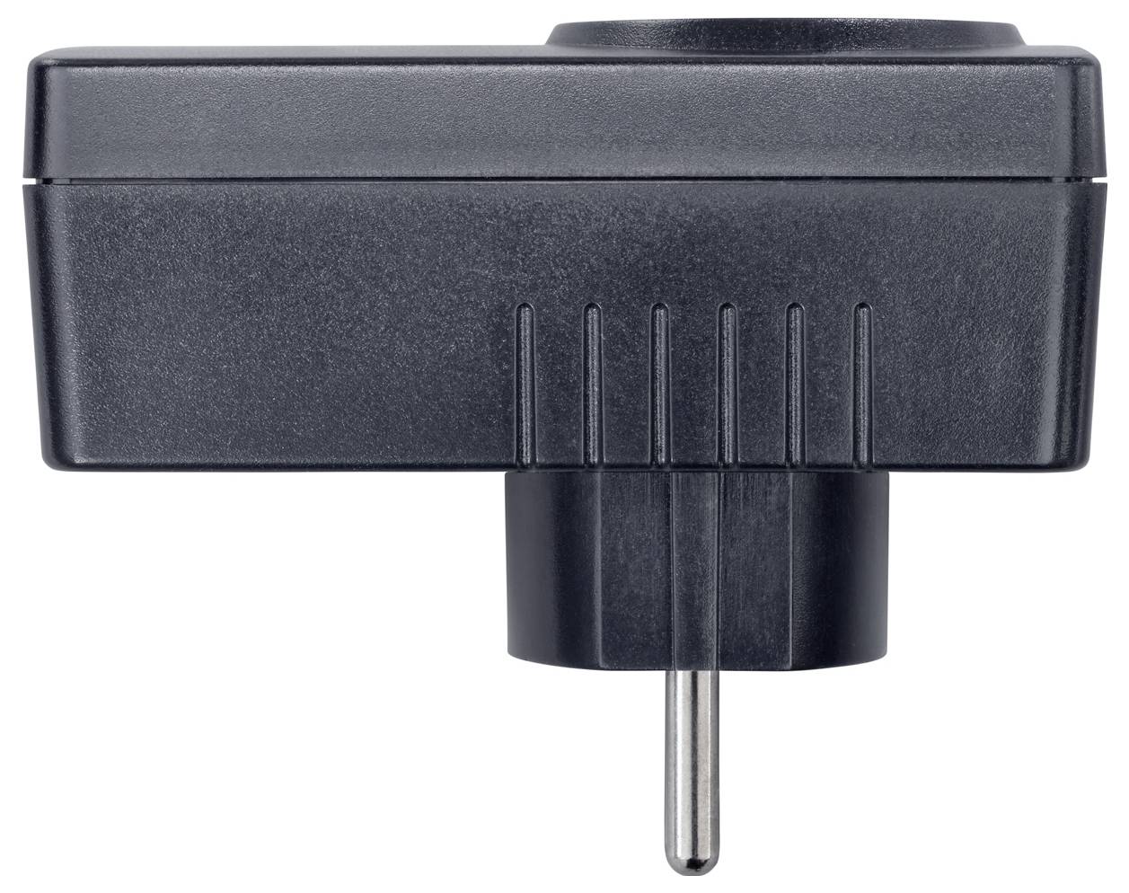 Ein schwarzer Elektrostecker-Adapter mit einem Eurostecker-Stift, der von unten herausragt, konstruiert zur Umwandlung von Elektroverbindungen.