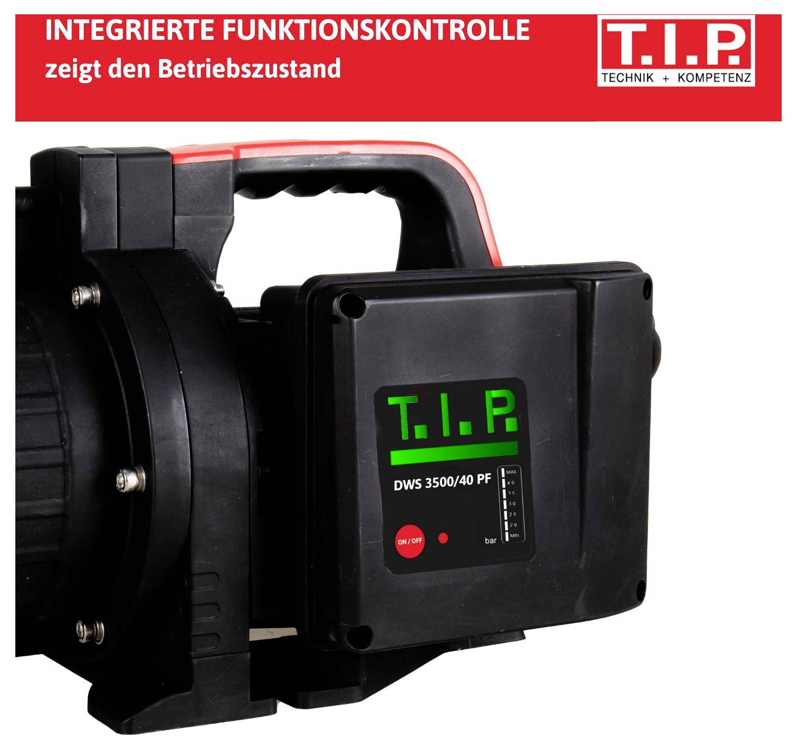 'Schwarze Wasserpumpe mit integrierter Funktionskontrolle, grüne LED-Anzeige und Bedienfeld. Oben roter Banner mit der Aufschrift 