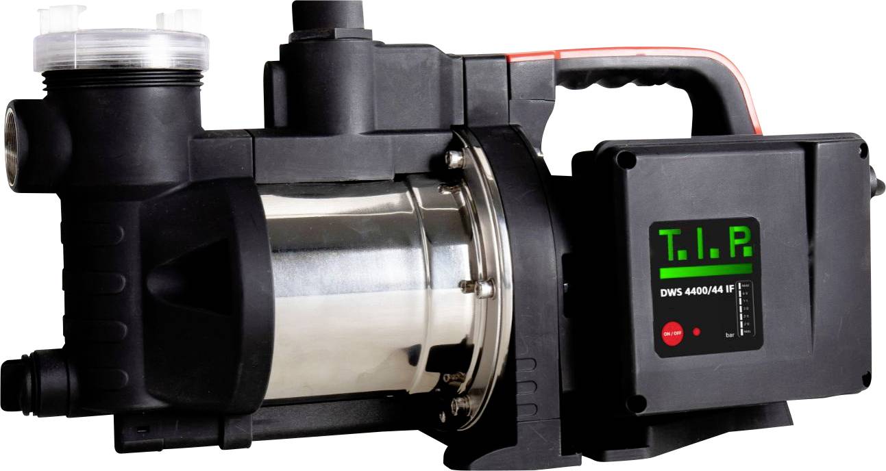 Eine schwarze und silberne Wasserpumpe mit digitalem Display, das 