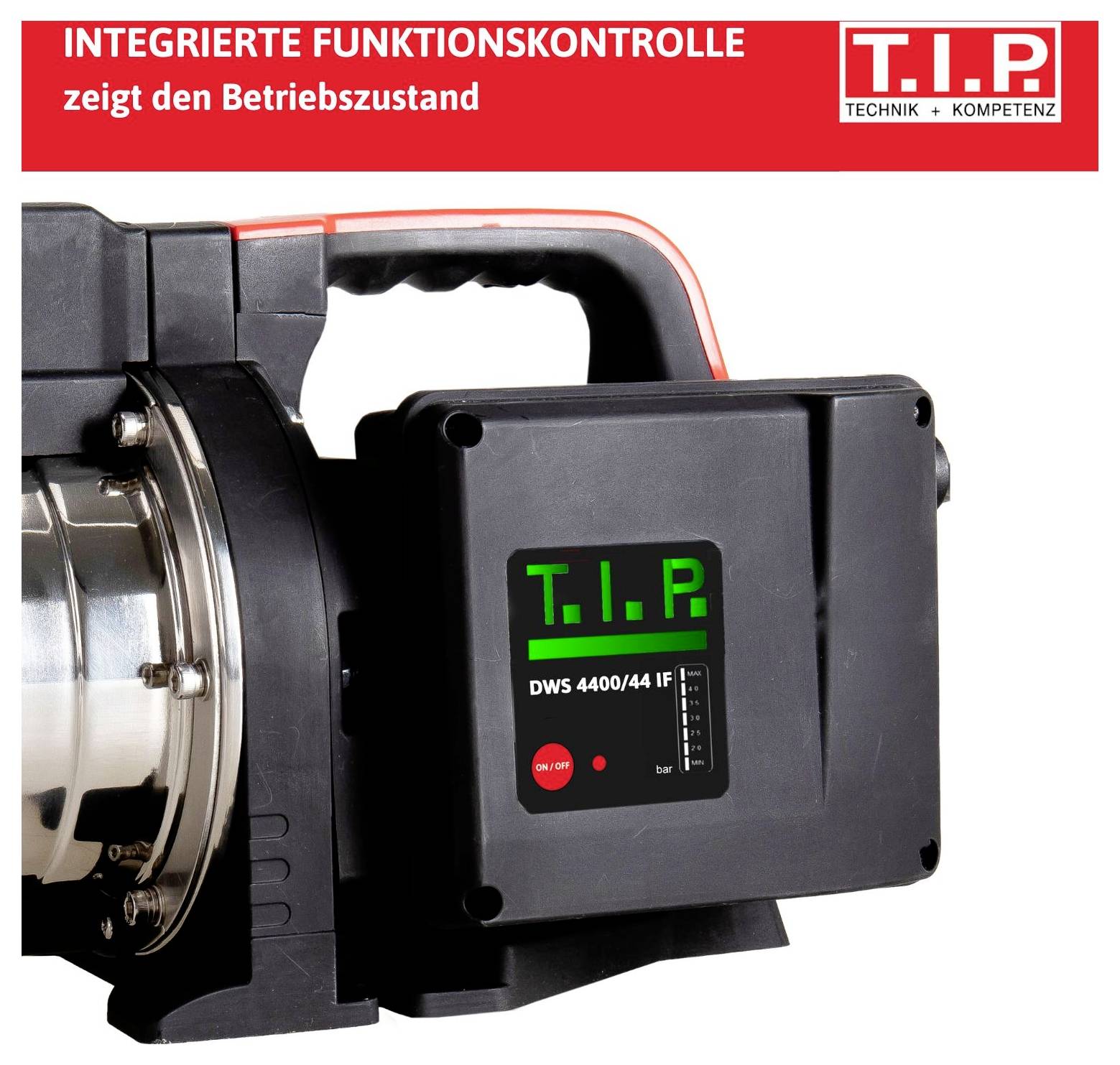 Schwarze Wasserpumpe mit digitaler Anzeige und Griff, Markenlabel oben rechts. Roter Text: 'Integrierte Funktionskontrolle'.