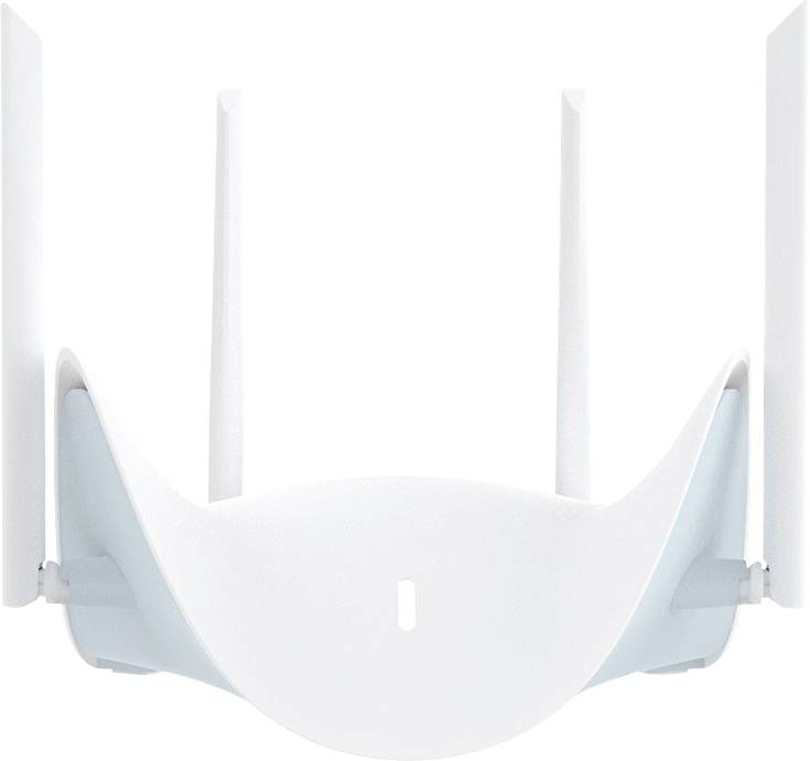 Ein weißer Wi-Fi-Router mit vier aufrechten Antennen, entwickelt für schnellere Internetverbindung und verbesserte kabellose Reichweite.