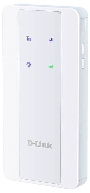 Ein weißer D-Link Wi-Fi-Router mit LED-Anzeigen für Signalstärke, Konnektivität und Batteriezustand. Der Router ist schlank und tragbar.