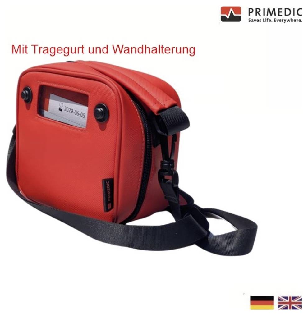 Eine rote medizinische Ausrüstungstasche mit Tragegurt und Wandhalterung, mit dem Text „Mit Tragegurt und Wandhalterung