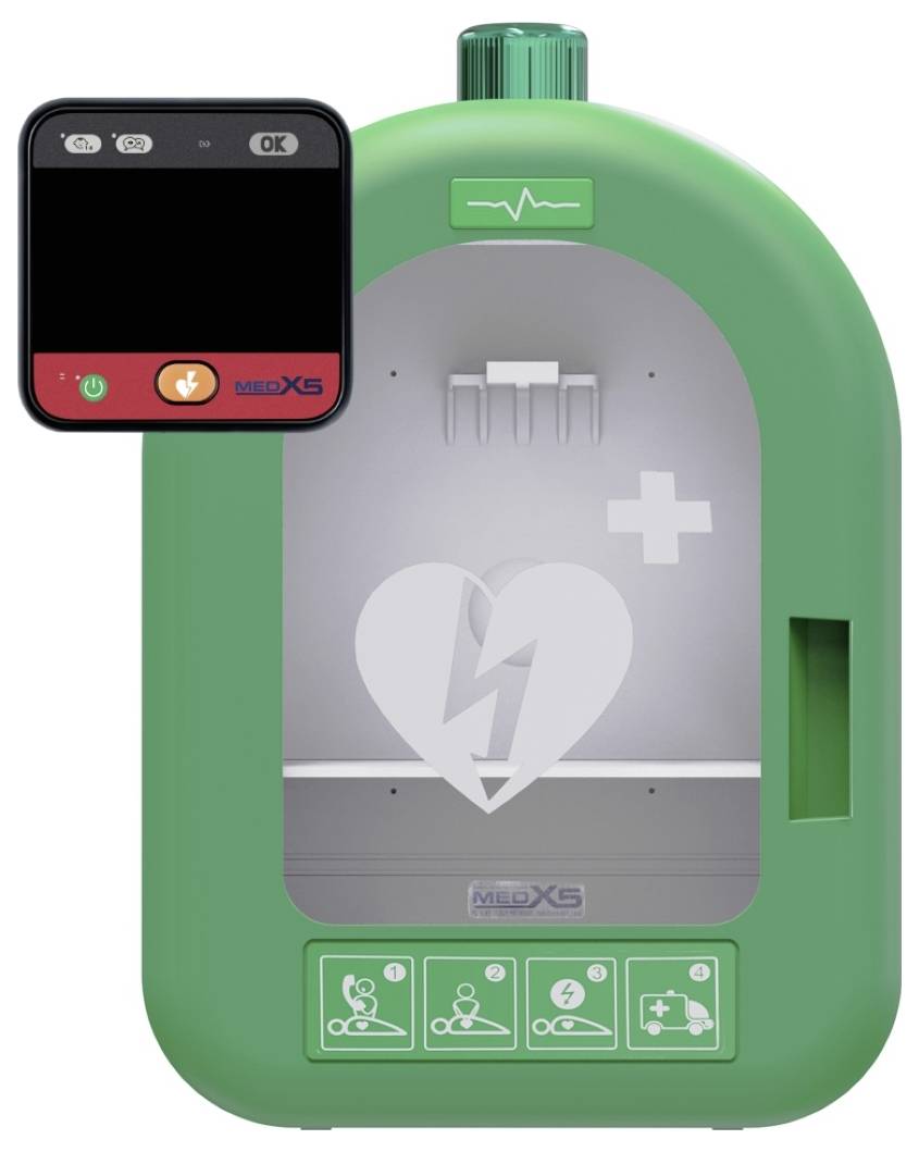 Ein grüner automatisierter externer Defibrillator (AED) mit einem Herzsymbol und Symbolen, die Verwendungsschritte zeigen: anrufen, CPR durchführen und den AED verwenden.