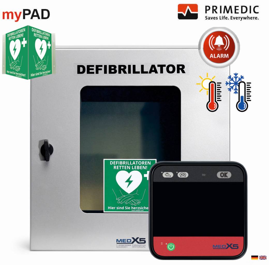 „AED-Schrank mit der Bezeichnung „DEFIBRILLATOR