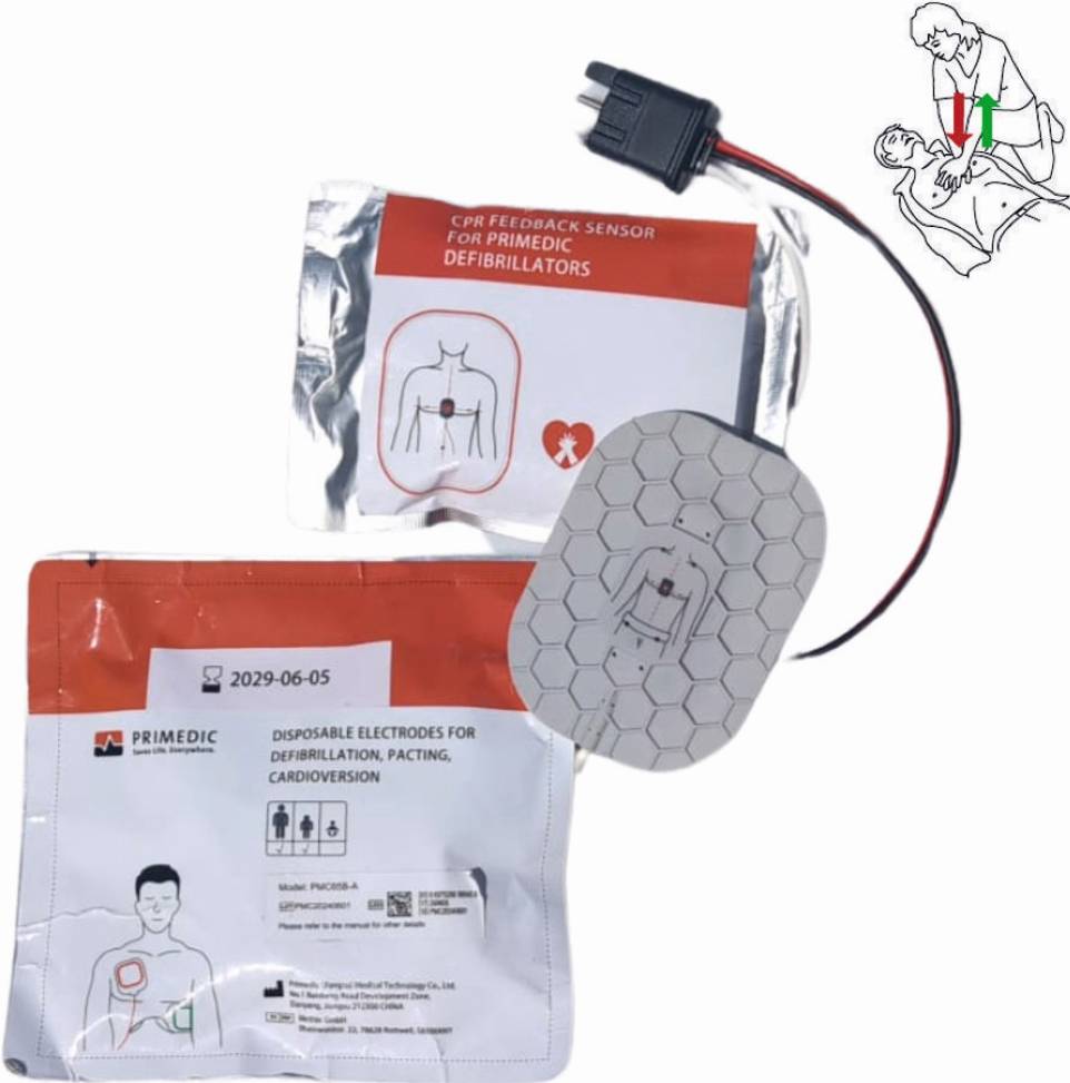 CPR-Feedback-Sensor und Einwegelektroden zur Defibrillation, Stimulation und Kardioversion. Umfasst Verpackung und Verbindungskabel.