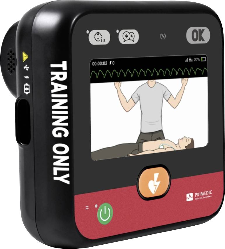 Ein Trainings-Defibrillator-Gerät zeigt ein animiertes Szenario einer Person, die eine HLW an einer anderen Person durchführt, mit EKG-Monitorablesungen auf dem Bildschirm an.