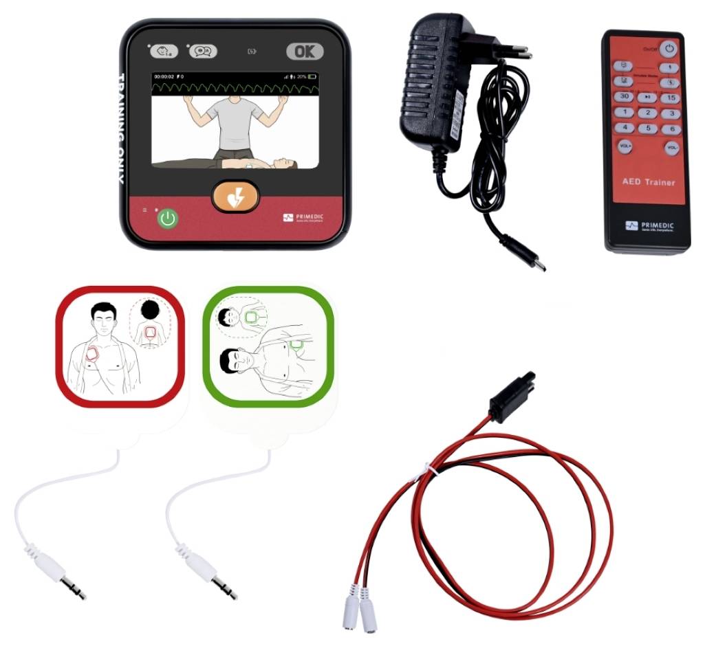 Automatisierter externer Defibrillator (AED)-Trainerset mit Fernbedienung, Elektroden und Kabeln für Simulations- und Schulungszwecke.