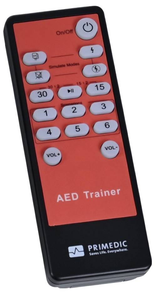 Rot-schwarze AED-Trainer-Fernbedienung mit Tasten für Stromversorgung, Simulationsmodi, Zeiteinstellungen, Wiedergabe/Pause und Lautstärke.