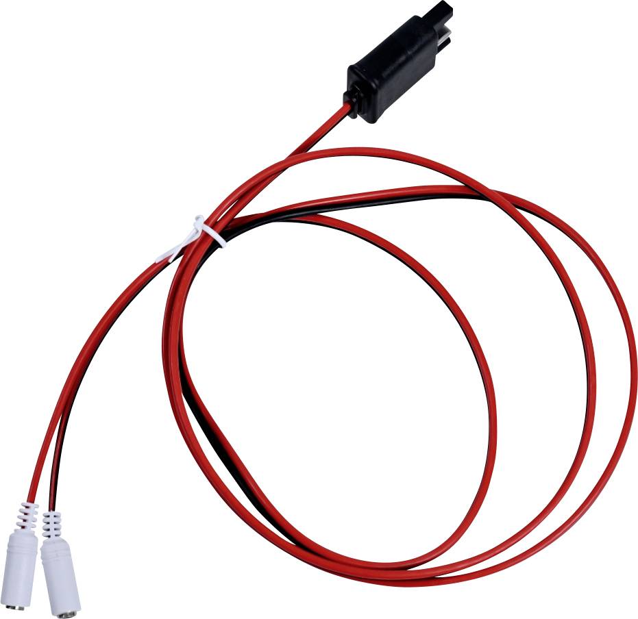 Rotes und schwarzes Stromkabel mit Steckverbindern, das an einem Ende einen zweipoligen schwarzen Stecker und am anderen Ende weiße Doppelstecker zeigt.