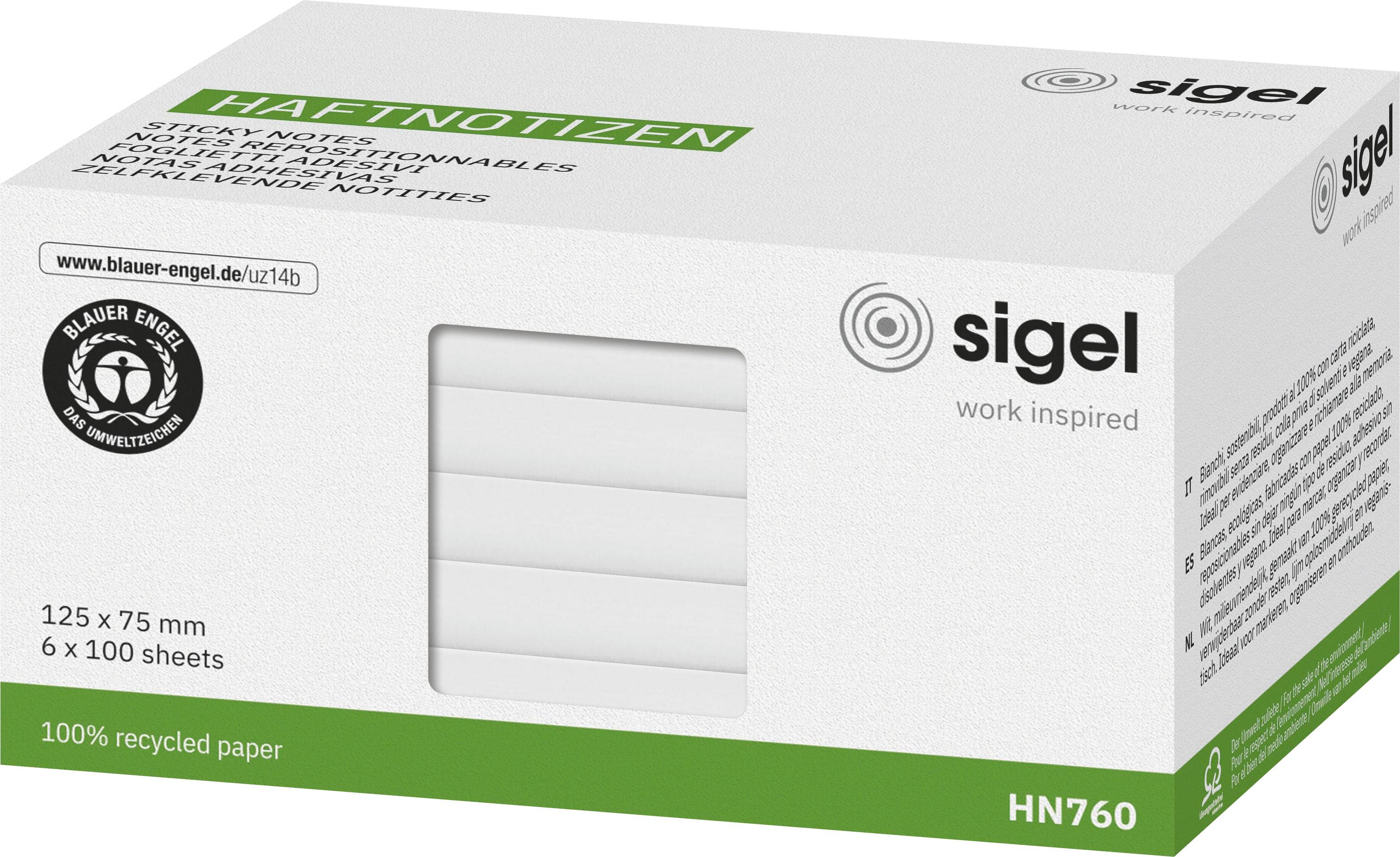 Schachttel Sigel Haftnotizen, 6 Packungen à 100 Blatt, 125x75 mm, 100% Recyclingpapier, mit Öko-Label auf der Seite.