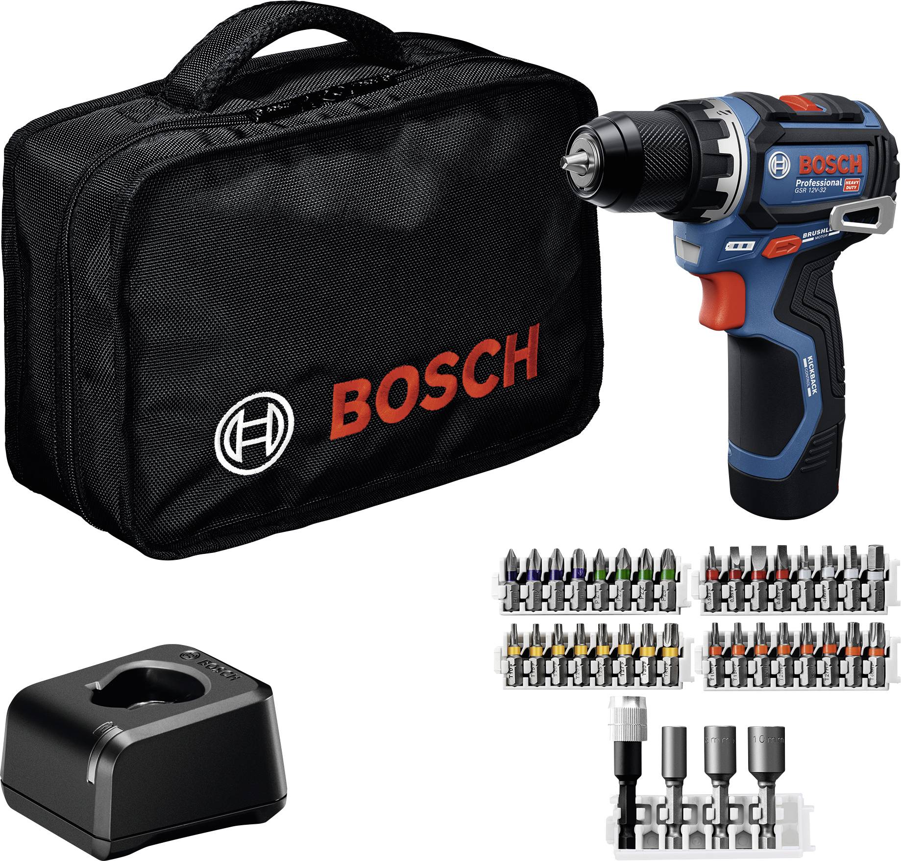Ein Bosch-Akku-Bohrerset mit einem blau-schwarzen Bohrer, schwarzem Koffer, Akkuladegerät und einer Vielzahl verschiedener Bohraufsätze.