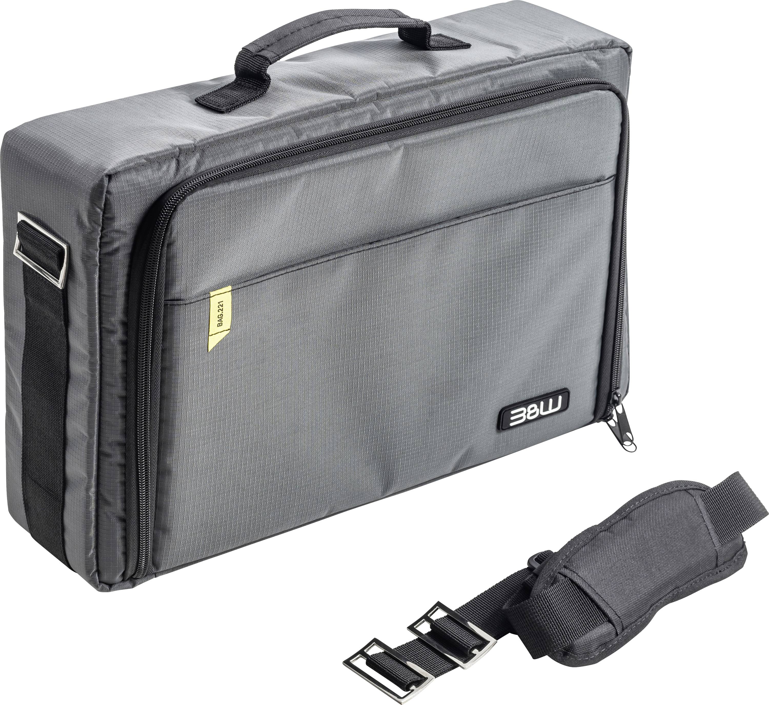 Graue Laptoptasche mit Griff und abnehmbarem Riemen, mit einer vorderen Reißverschlusstasche und einem gelben „16-Zoll