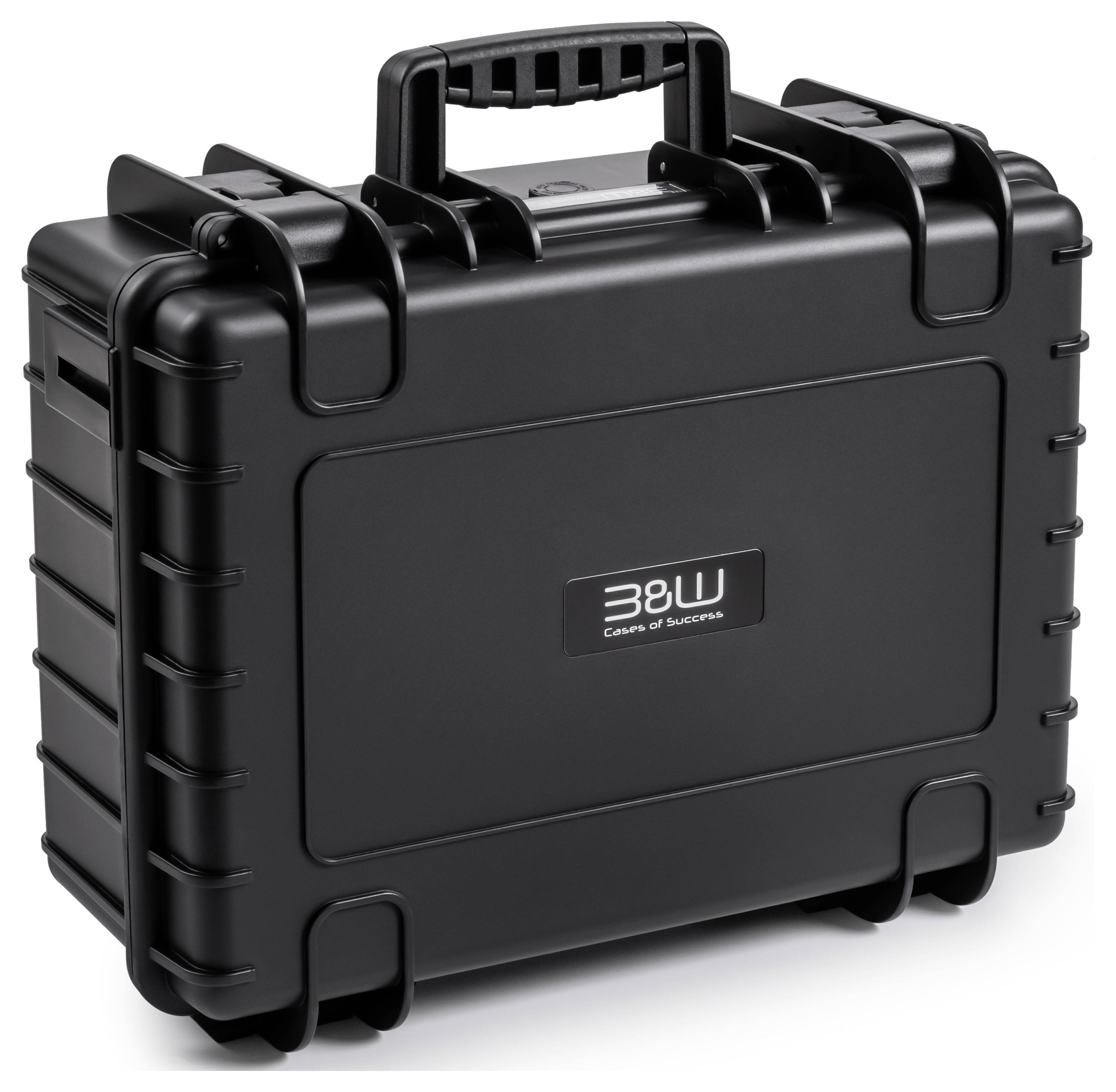 Ein schwarzes Hartschalengehäuse mit Griff, das vorne die Aufschrift „38W