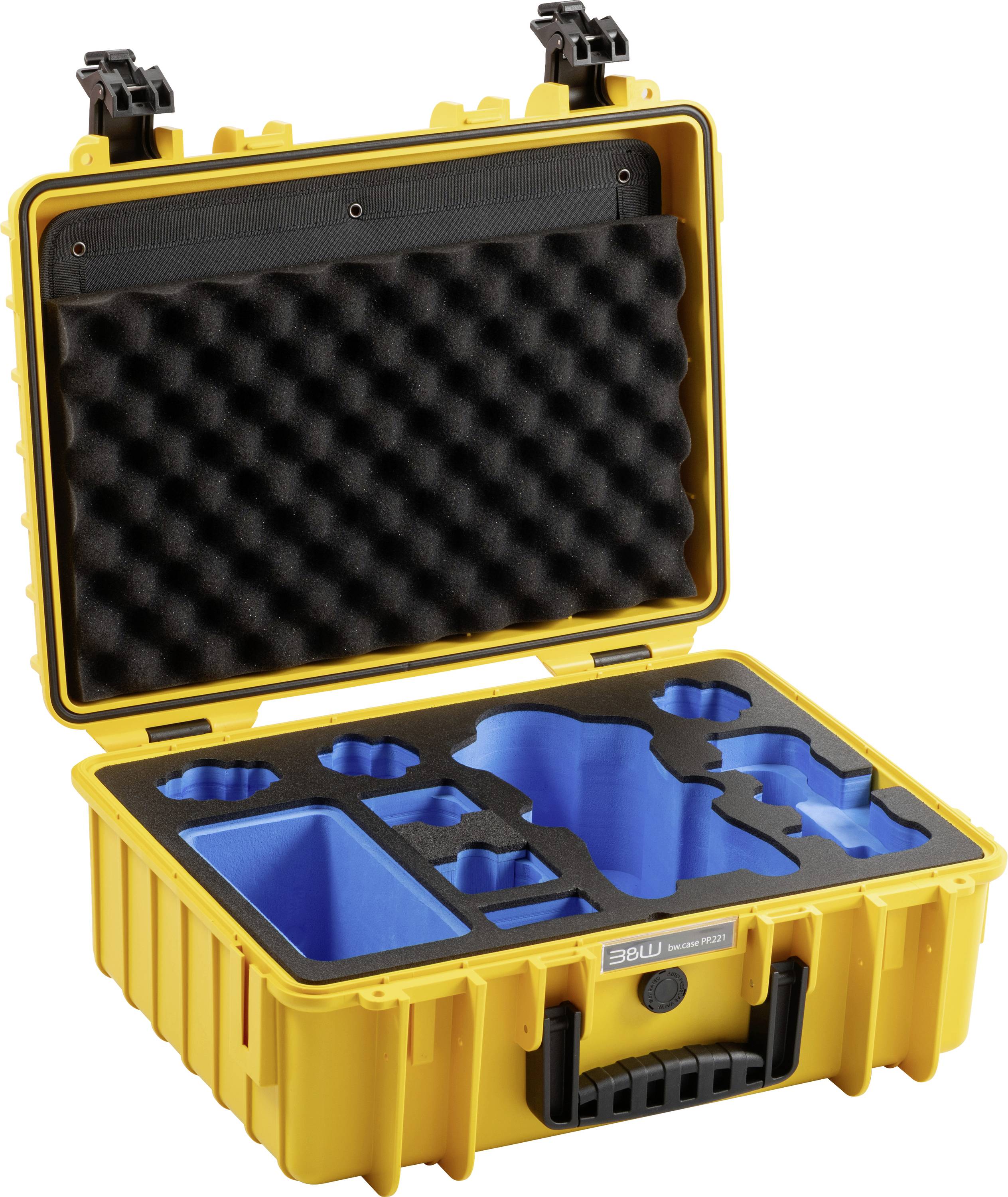 Ein gelbes Kunststoffgehäuse ist offen und zeigt eine blaue Schaumstoffeinlage mit Ausschnitten, die speziell zum sicheren Halten bestimmter Gegenstände geformt sind.