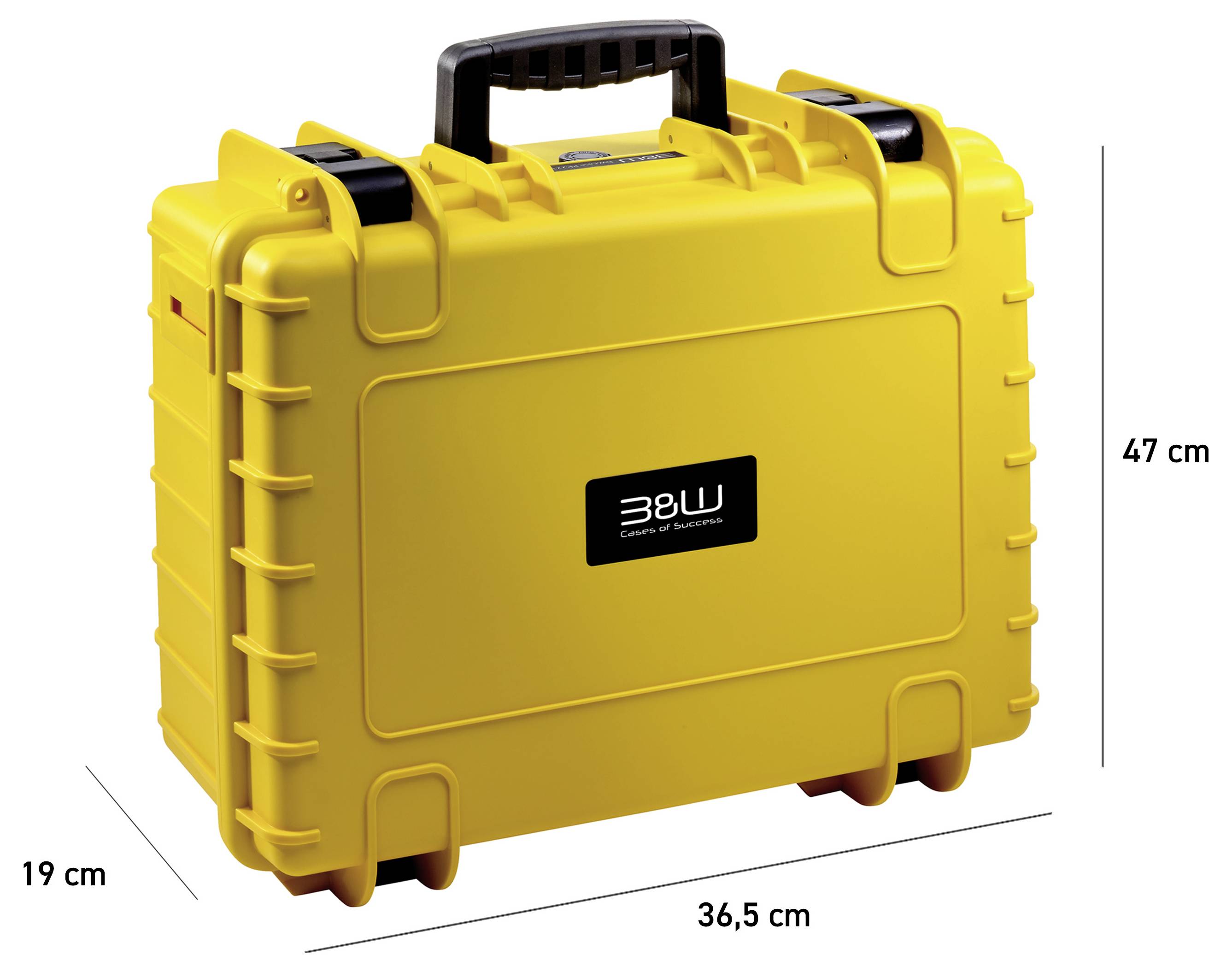 Ein gelber Schutzkoffer mit Griff, mit der Aufschrift 