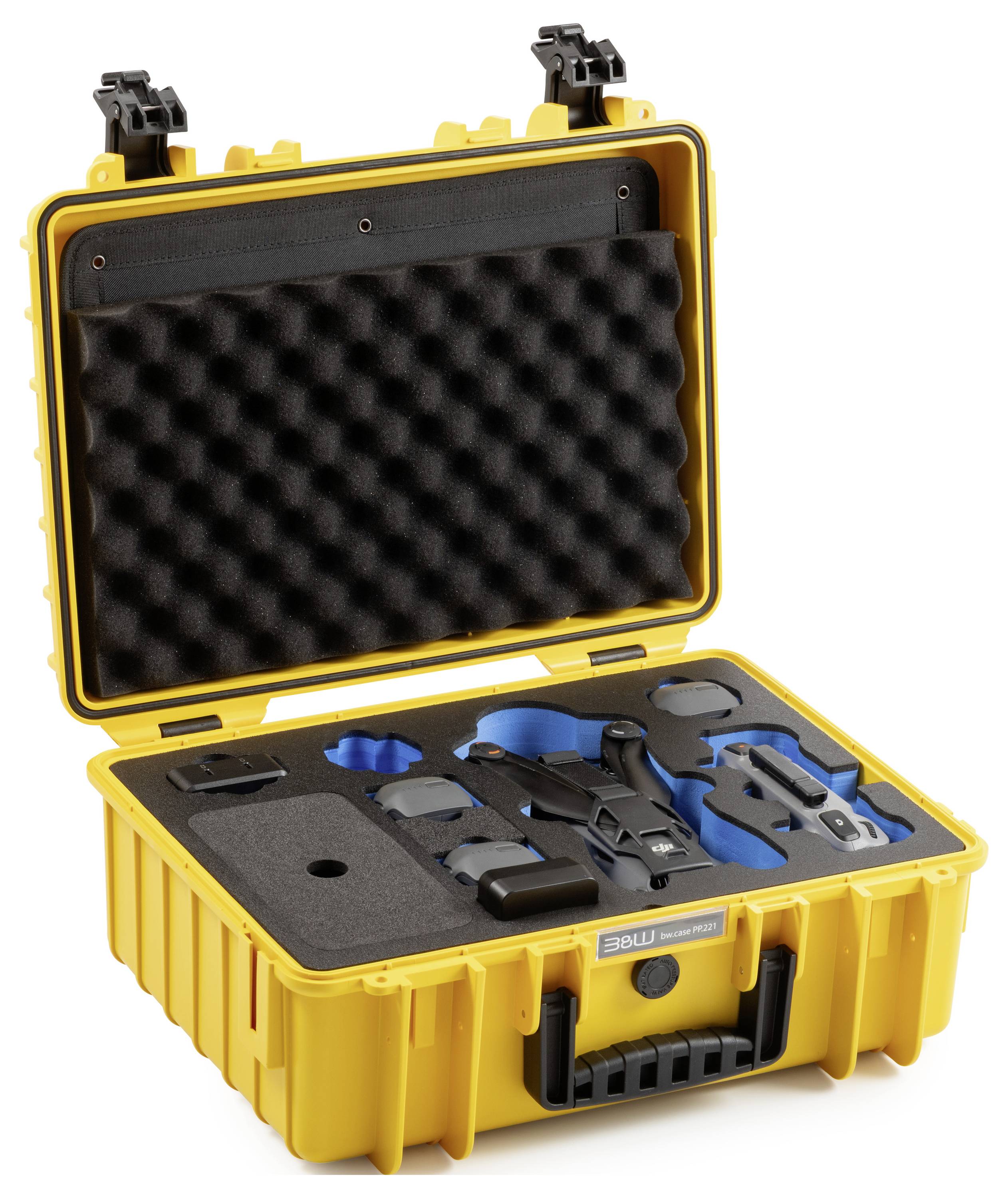 Offener gelber Koffer mit maßgeschneidertem Schaumstoffinnenleben, der ordentlich organisierte schwarze und blaue Ausrüstung enthält.