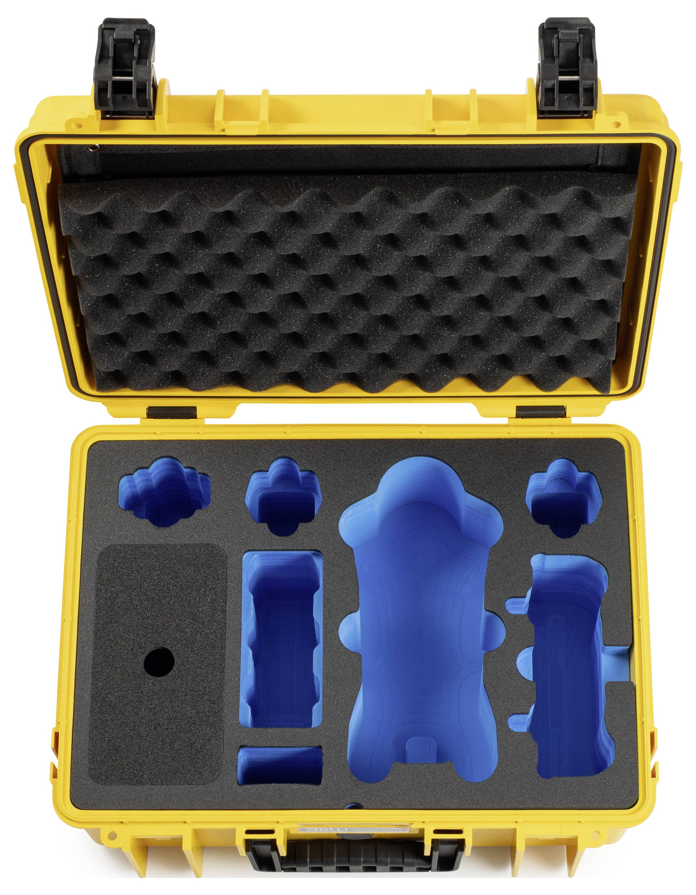 Ein gelber Schutzkoffer, der offen ist und maßgefertigte blaue Schaumstoffeinlagen mit verschiedenen Aussparungen für Ausrüstung zeigt, um sichere Lagerung und Transport zu gewährleisten.