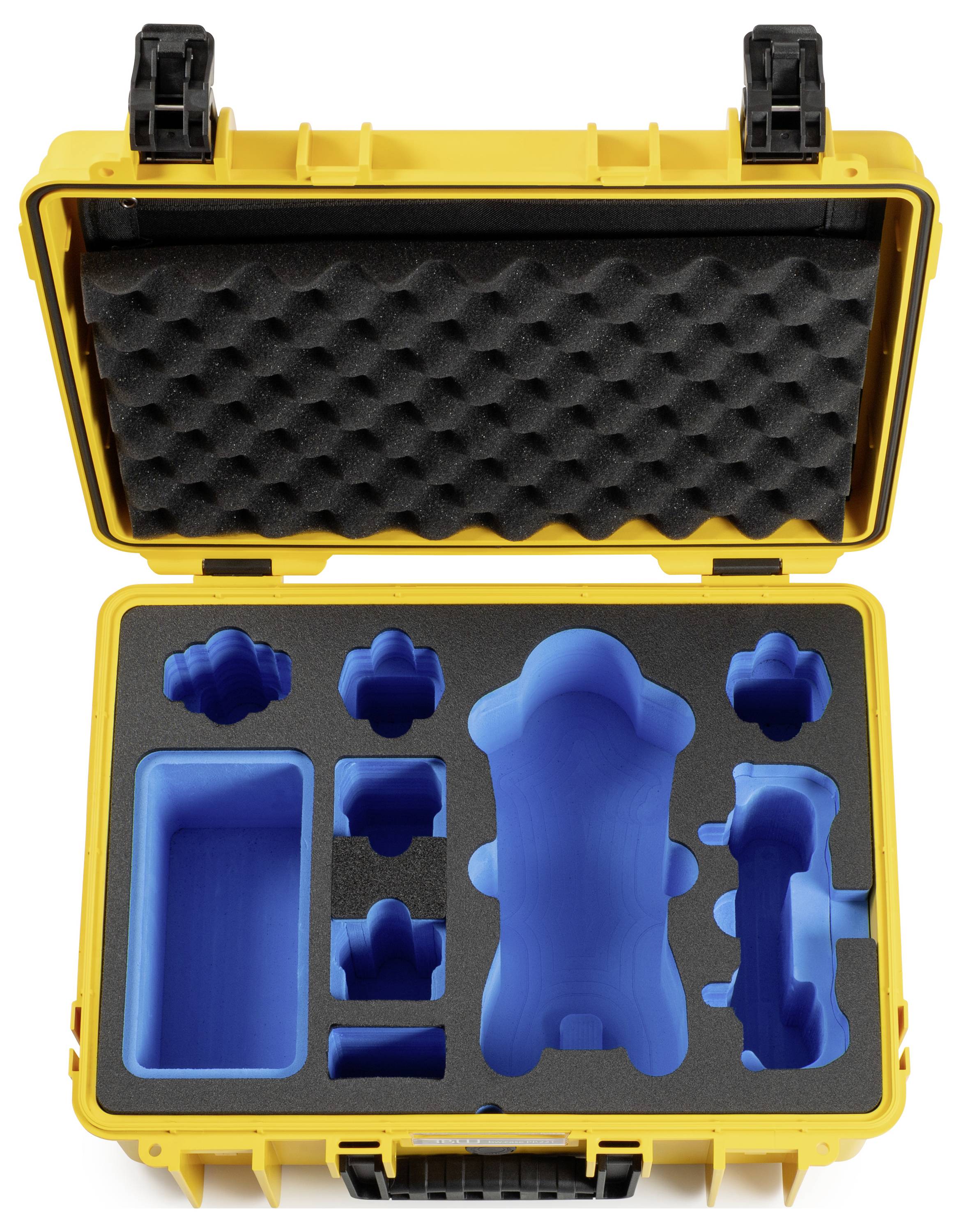 Ein gelbes Schutzgehäuse mit geöffnetem Deckel, das maßgefertigte blaue Schaumstoffeinlagen zeigt, die entwickelt wurden, um eine Drohne und ihr Zubehör zu halten und zu schützen.