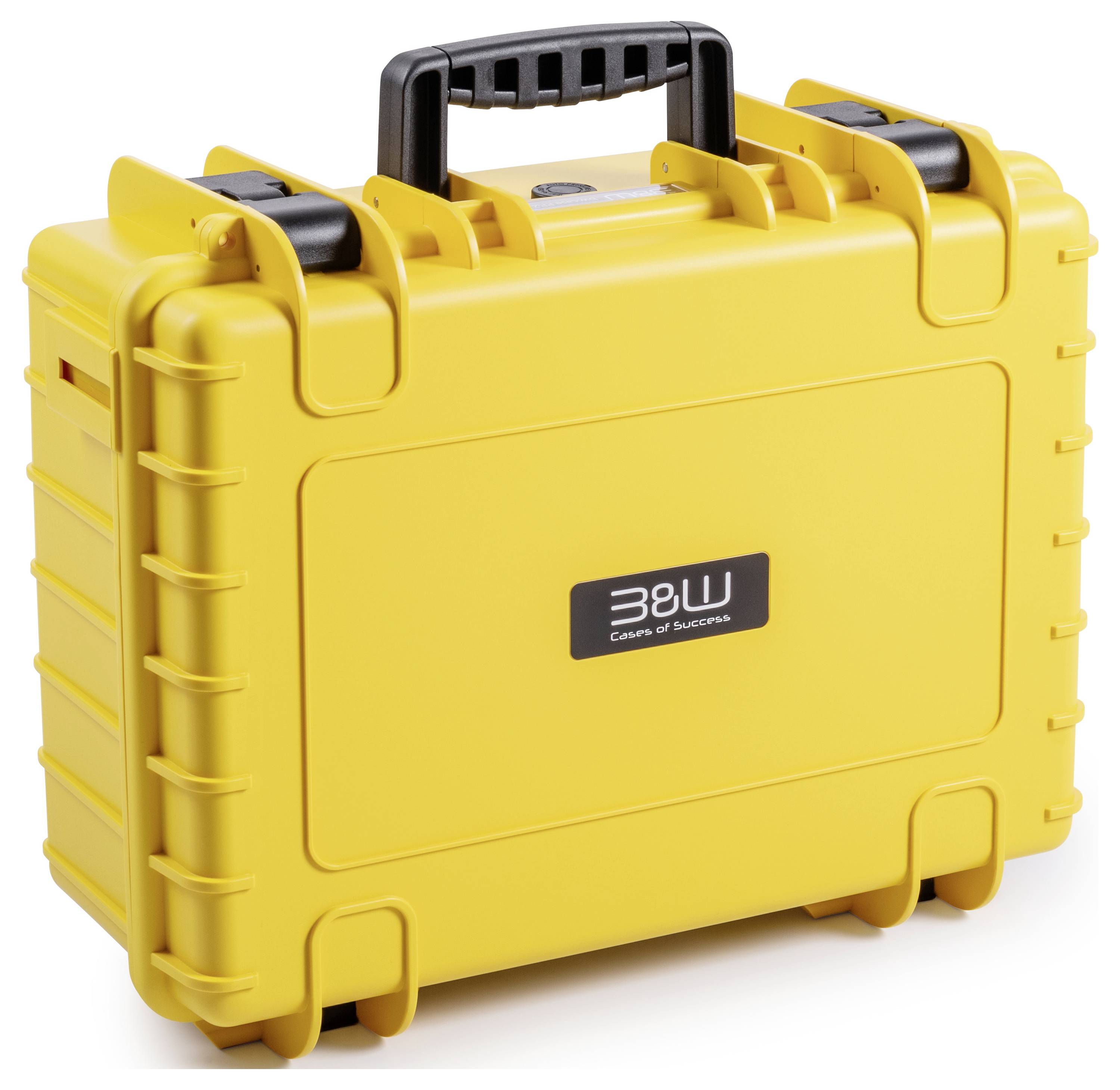 Ein gelbes, robustes Transportköffer mit schwarzem Griff, mit der Aufschrift „38W Case of Success