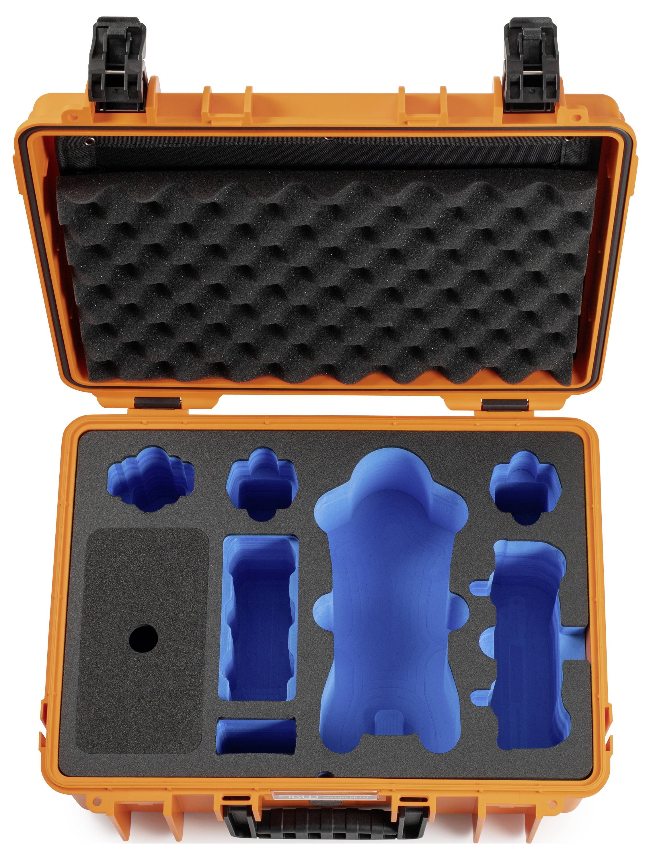 Ein offenes orangefarbenes Gehäuse mit schwarzer Polsterung und blauen Schaumstoffeinlagen, das speziell dafür ausgelegt ist, werkzeug- oder ausrüstungsgeformte Gegenstände sicher zu halten.