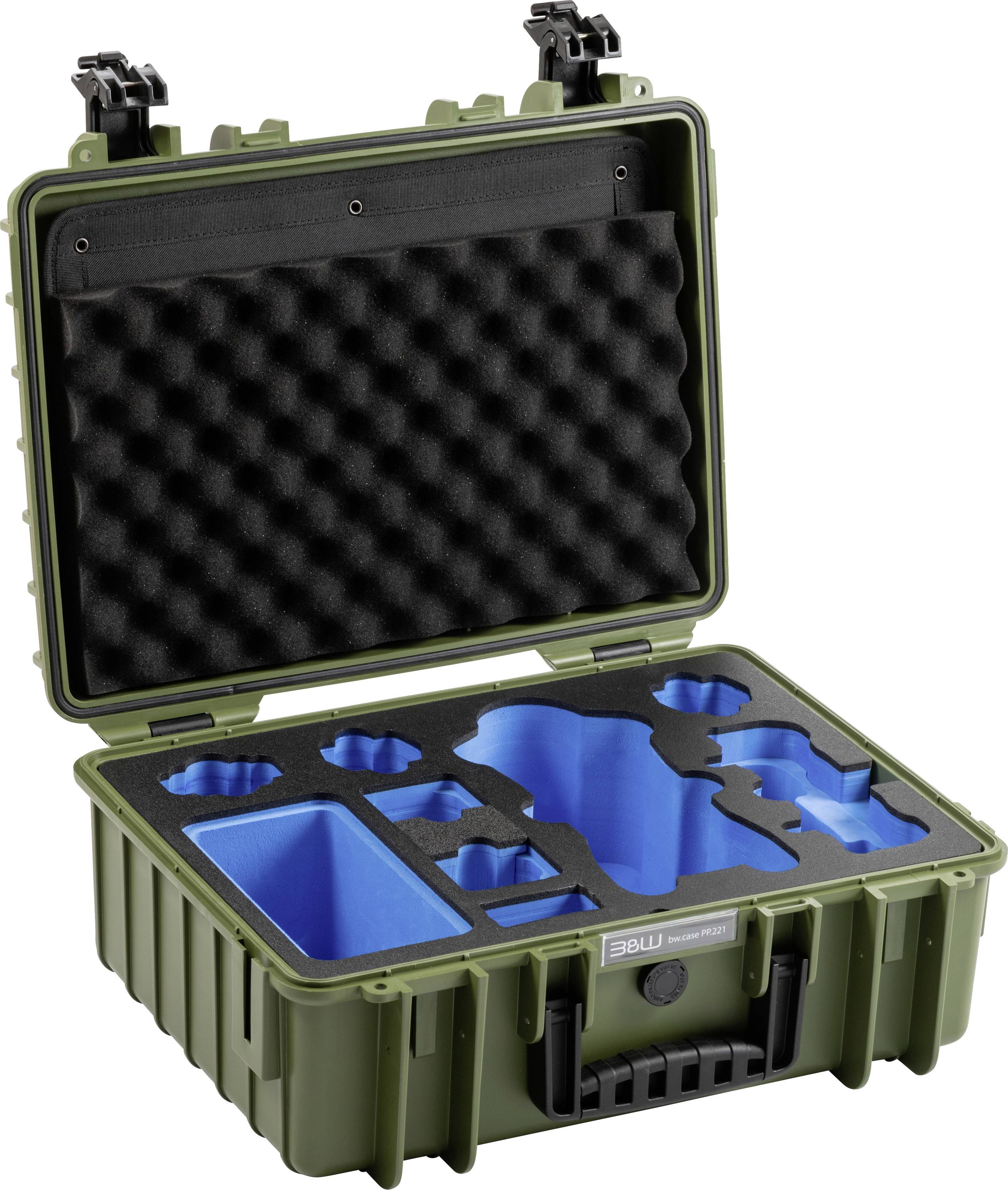Offener grüner Schutzkoffer mit maßgeschneiderten blauen Schaumstoffeinlagen, entwickelt, um spezifische Ausrüstung sicher zu halten.
