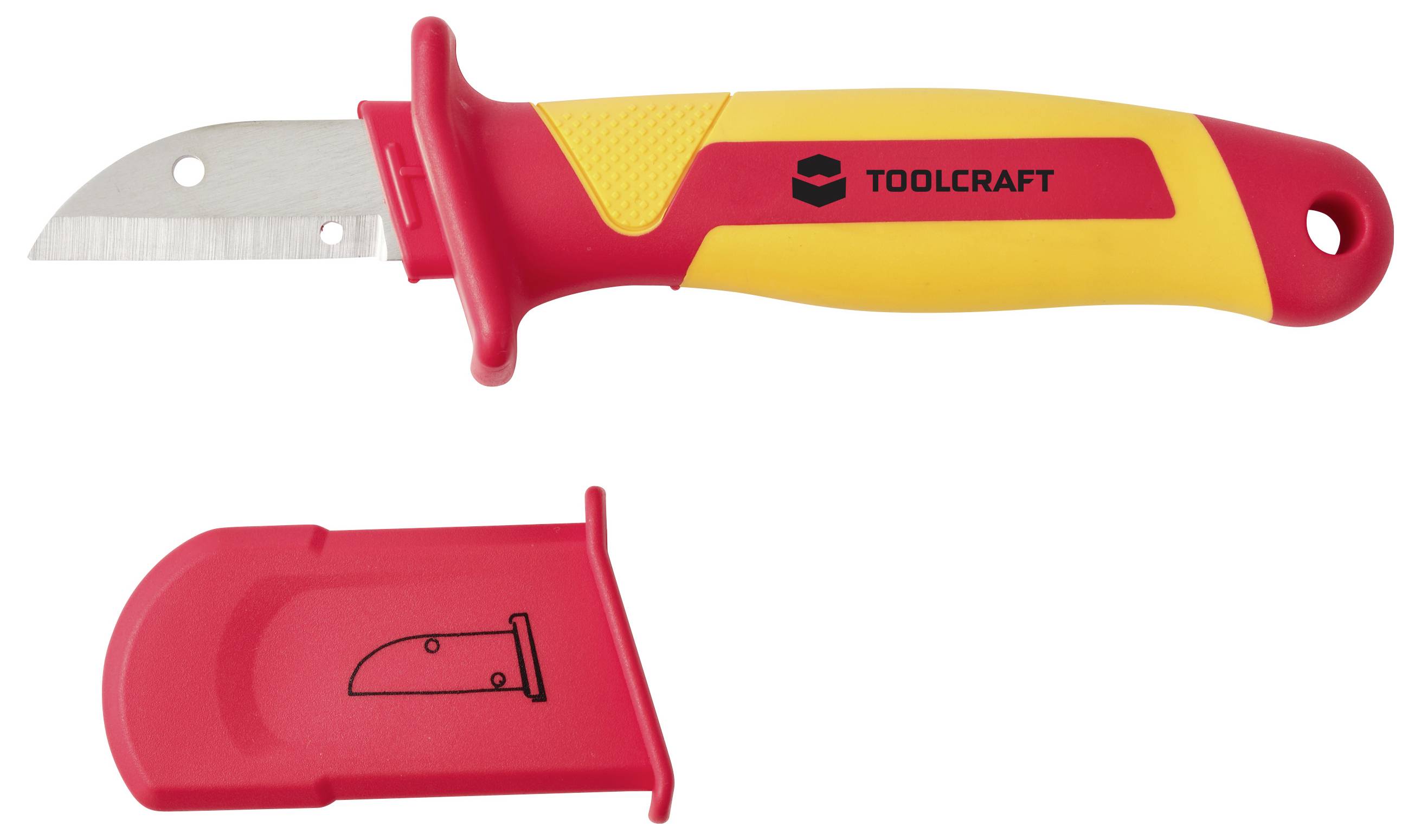 Rotes und gelbes TOOLCRAFT Cuttermesser mit ausgefahrener Klinge, dargestellt mit abgenommener roter Schutzkappe darunter.