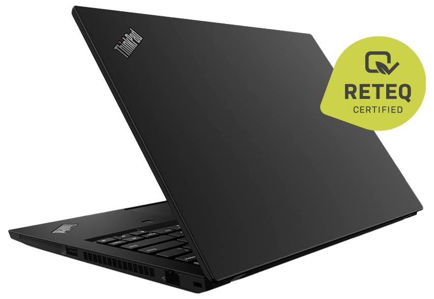 Ein schwarzer Laptop mit teilweise geöffnetem Deckel, der das Abzeichen „Reteq Certified