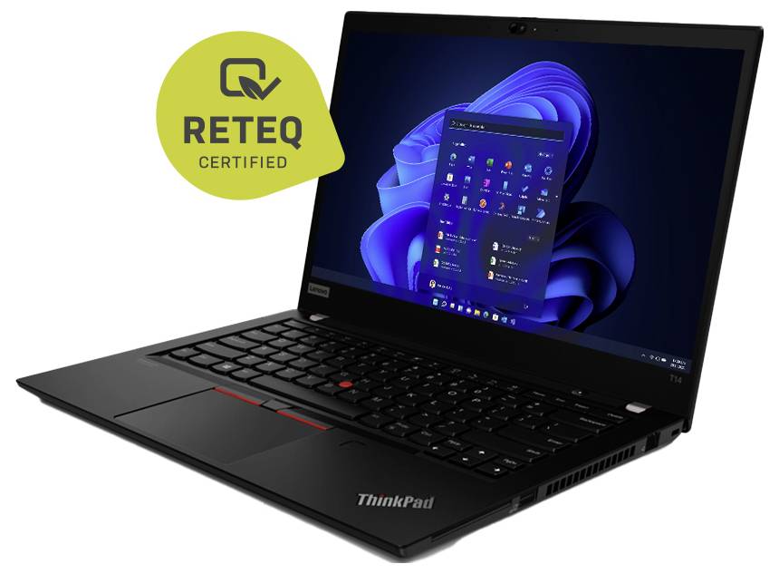 Ein schwarzer Laptop mit geöffnetem Display, auf dem ein Windows-11-Startmenü angezeigt wird. Ein grünes Badge mit der Aufschrift „RETEQ CERTIFIED