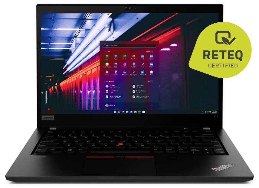 Ein schwarzes Lenovo ThinkPad Laptop mit einer farbenfrohen digitalen Benutzeroberfläche auf dem Bildschirm und einem „RETEQ Certified