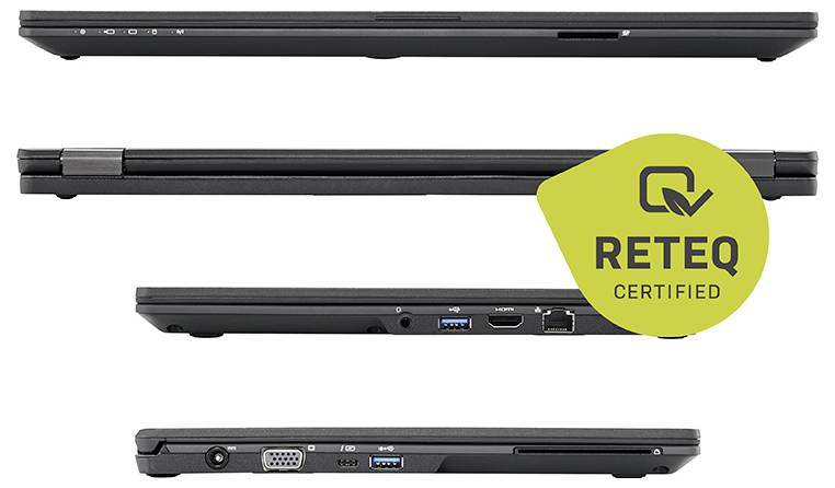 Seitenansichten eines geschlossenen schwarzen Laptops, die verschiedene Anschlüsse und ein 