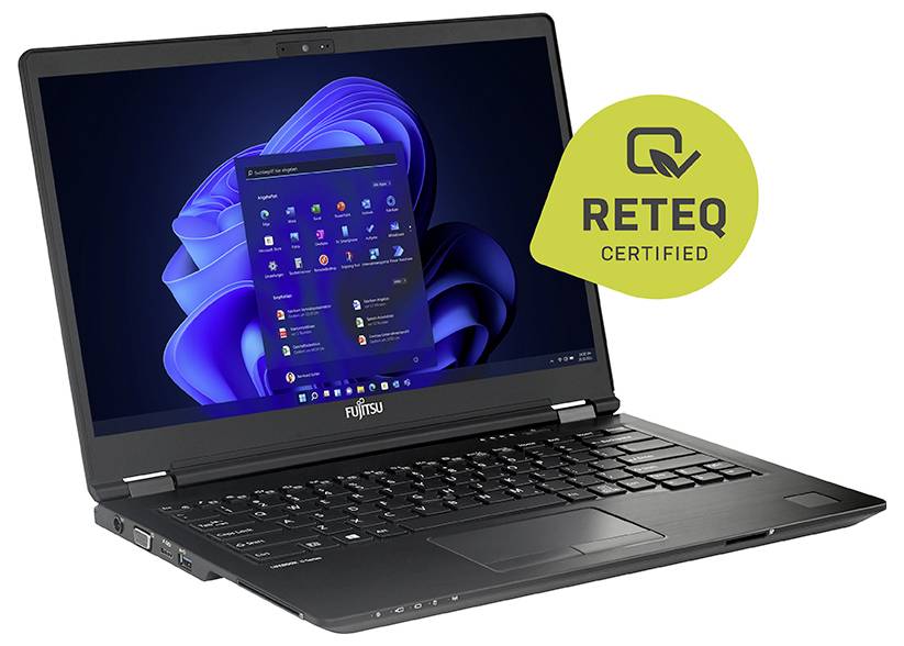 Ein Fujitsu-Laptop zeigt einen Windows-Betriebssystembildschirm an und verfügt über ein 