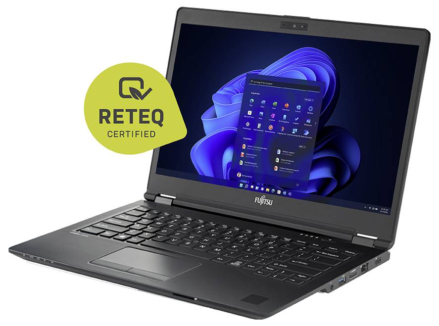 Ein schwarzer Fujitsu-Laptop, auf dem der Windows 11-Startbildschirm angezeigt wird, mit einem „RETEQ Certified